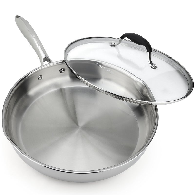 AVACRAFT 18/10 12 Inch Stainless Steel Frying Pan with Lid, Side Spouts, Induction Pan, Versatile Stainless Steel Skillet, Fry Pan in our Pots and Pans (Tri-Ply Stainless Steel, 12 Inch) - Image 1